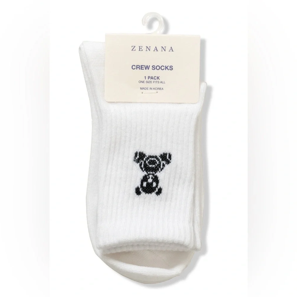 NWT Zenana White & Black Teddy Bear Crew Socks Minimal Cozy Aesthetic One Size